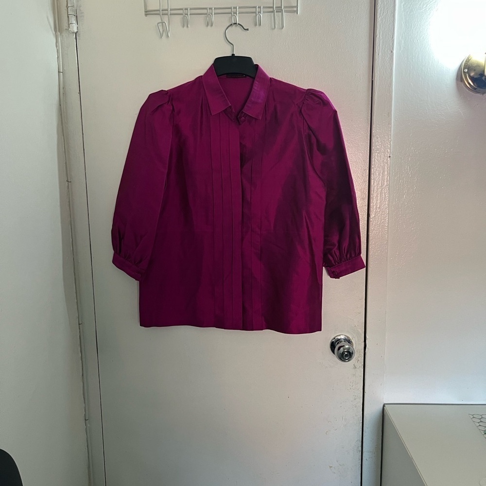 Women's Magenta Thai Silk Button-Up Blouse - Picture 2 of 9